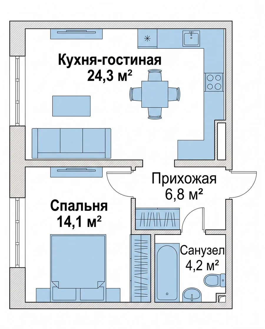 План квартиры сверху с площадями комнат и расставленной мебелью