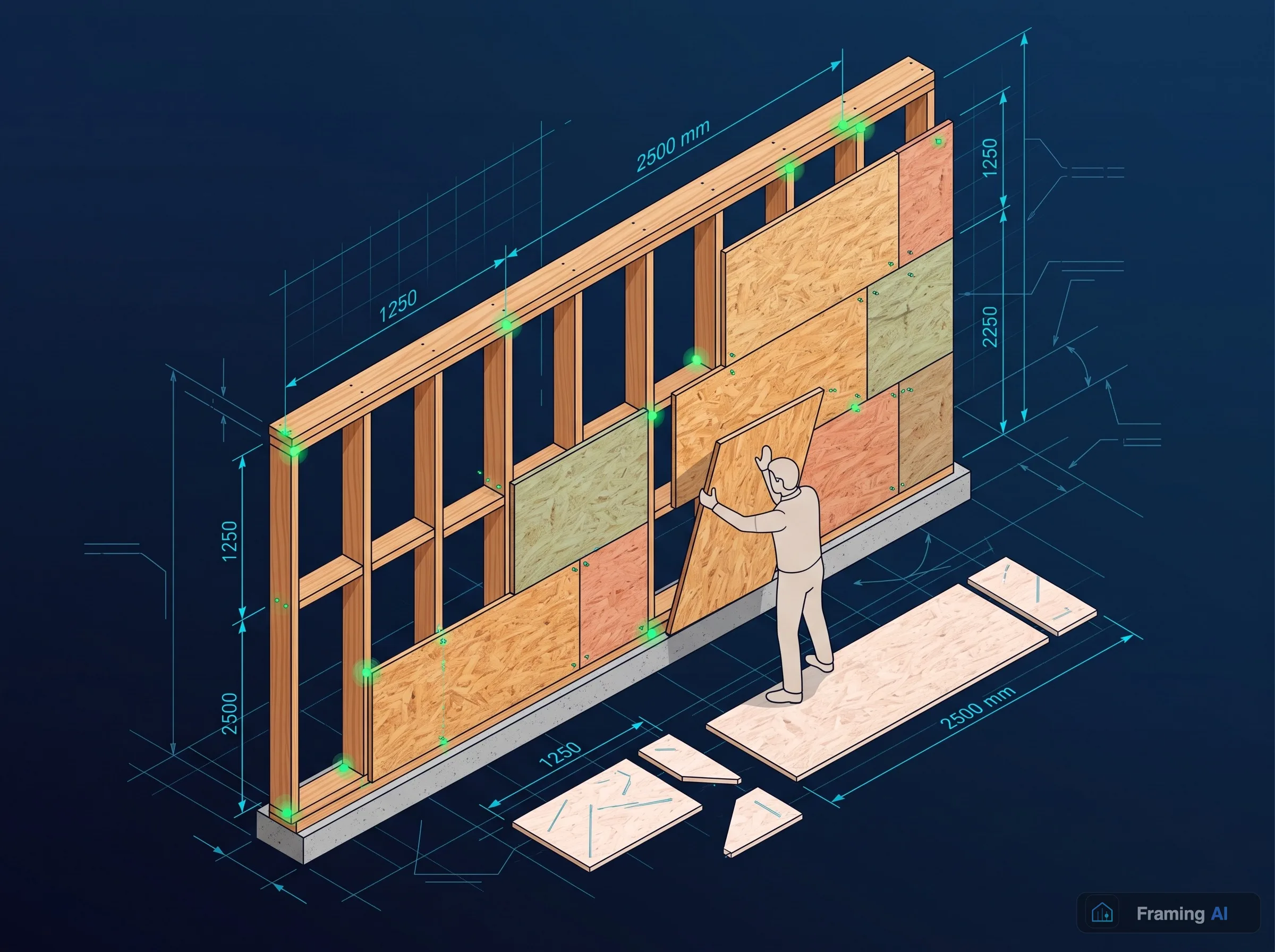 Раскладка листов OSB 1250×2500 на каркасной стене — цветные прямоугольники со смещением швов
