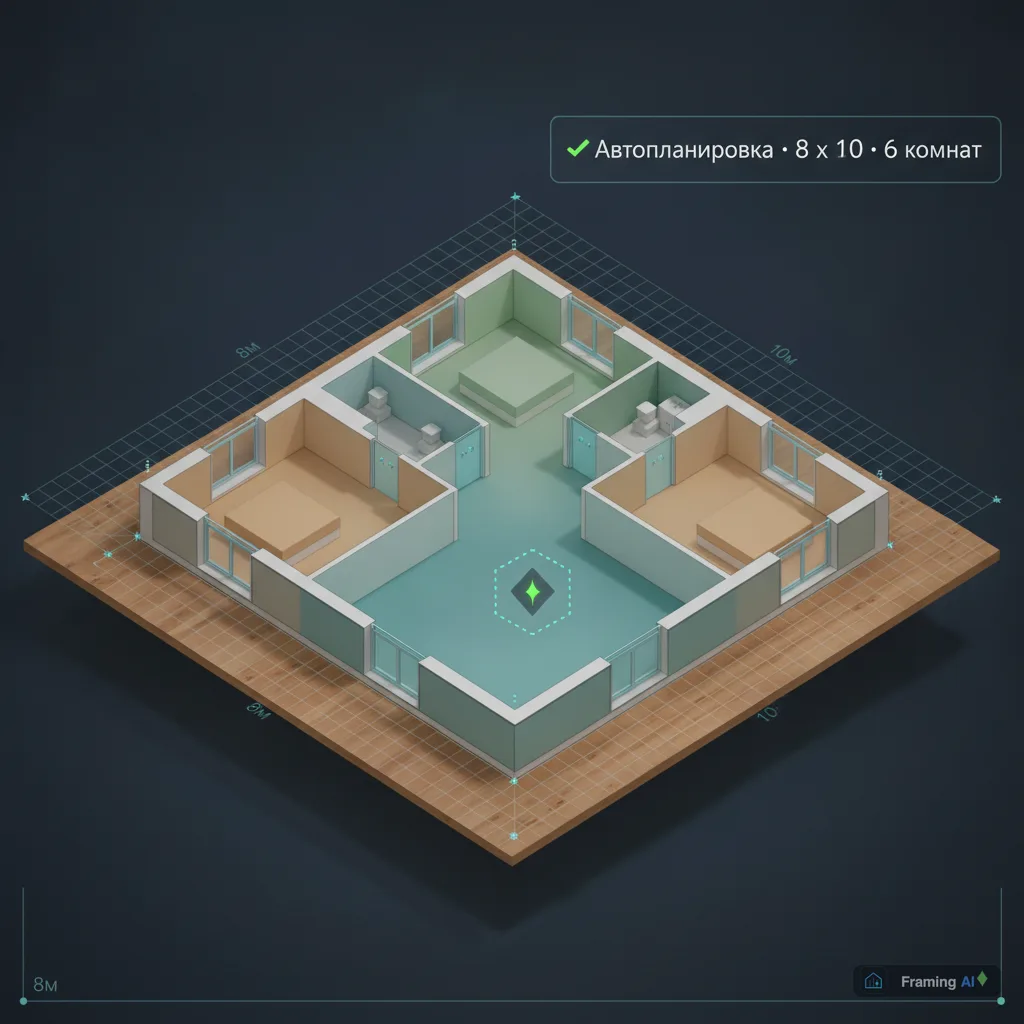 План этажа каркасного дома с автораскладкой комнат в blueprint-стиле