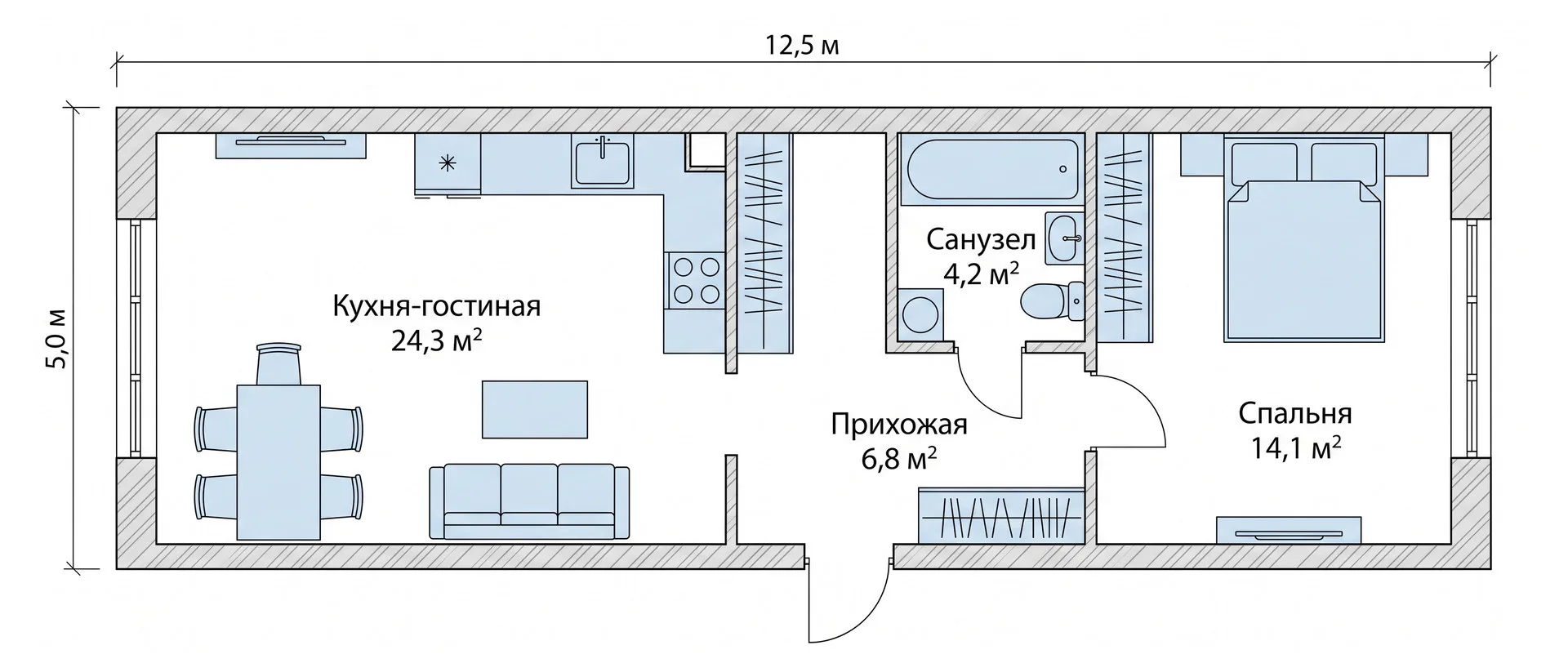 План двухкомнатной квартиры сверху: кухня-гостиная 24,3 м², спальня 14,1 м², прихожая 6,8 м², санузел 4,2 м² с расставленной мебелью