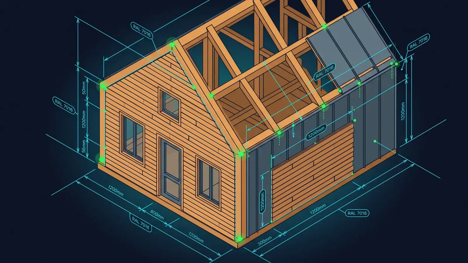 Фасад каркасного дома с разложенной вагонкой и клик-фальцем — изометрия с blueprint-разметкой
