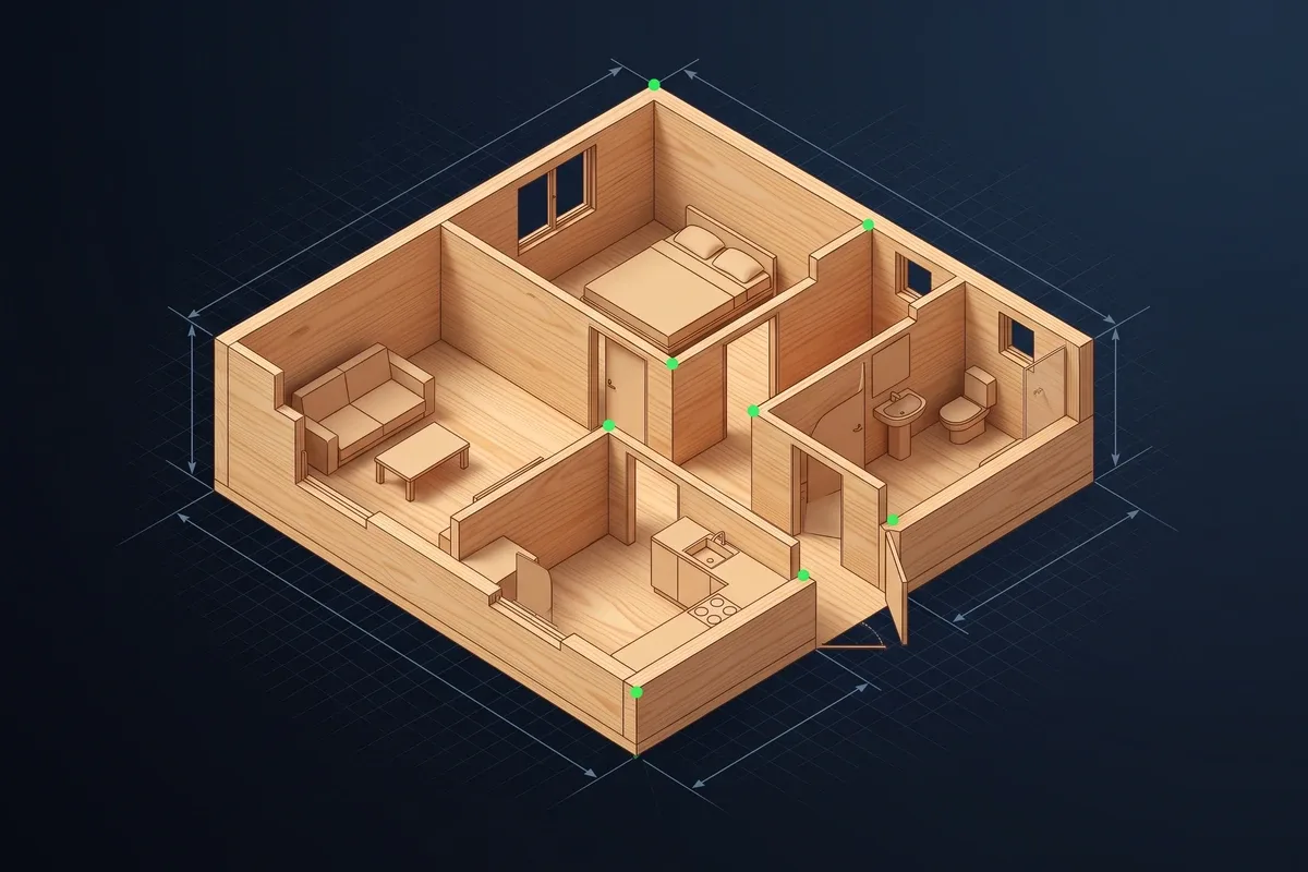 План квартиры в 3D-срезе: комнаты, коридор и мебель
