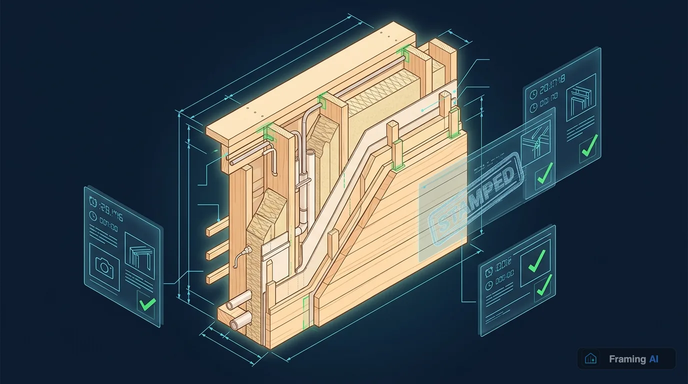 Изометрия открытой каркасной стены с пароизоляцией, электрикой и трубами, blueprint HUD с карточками приёмки и зелёными галочками